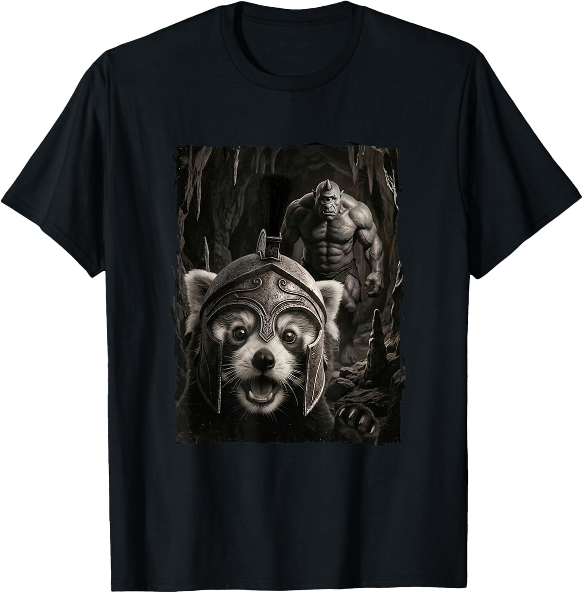 Funny Greek Warrior Spartan Helmet Red Panda T-Shirt - Black