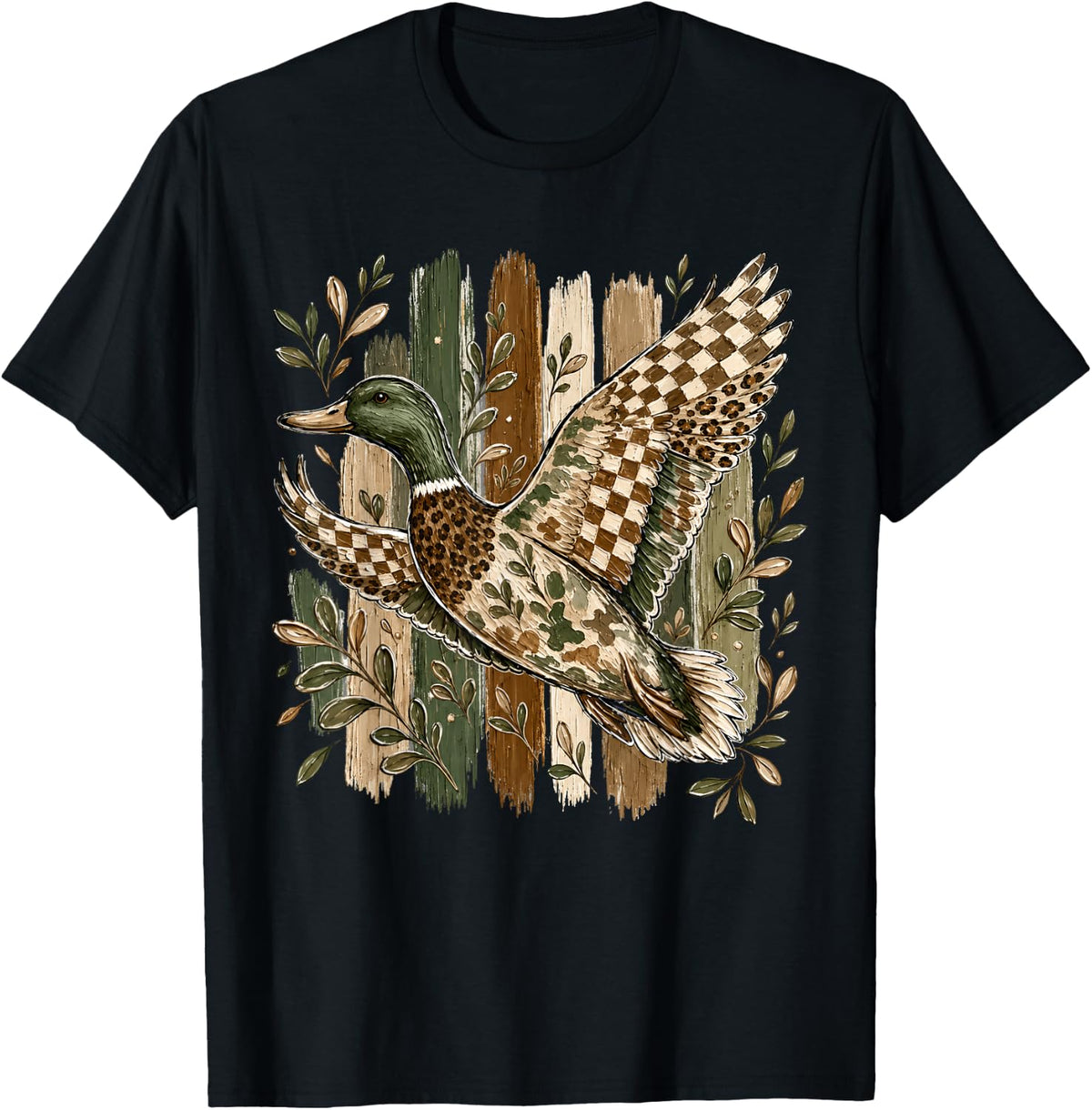 Striped Camo Flying Mallard Duck Brushstroke Hunting Fall T-Shirt - Black