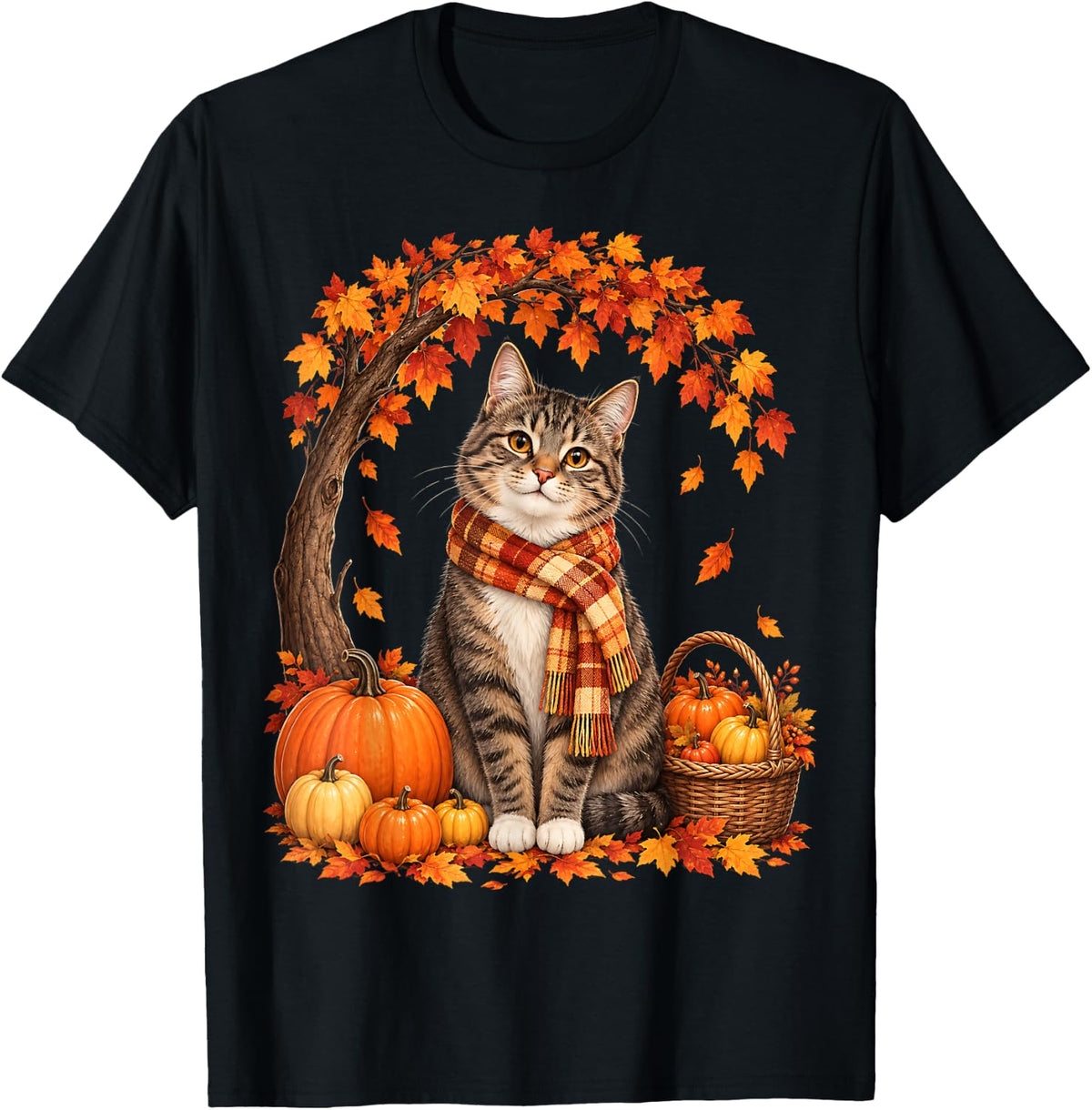 Thanksgiving Tabby Cat Pumpkin Autumn Tree Fall Leaves T-Shirt - Black