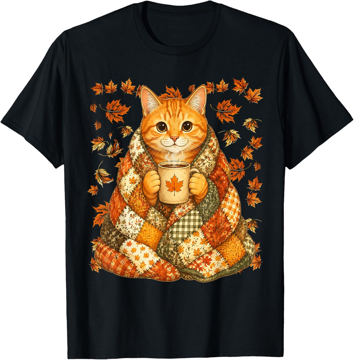 Orange Tabby Cat with Maple Leaves Cozy Autumn Kitten Fall T-Shirt - Black