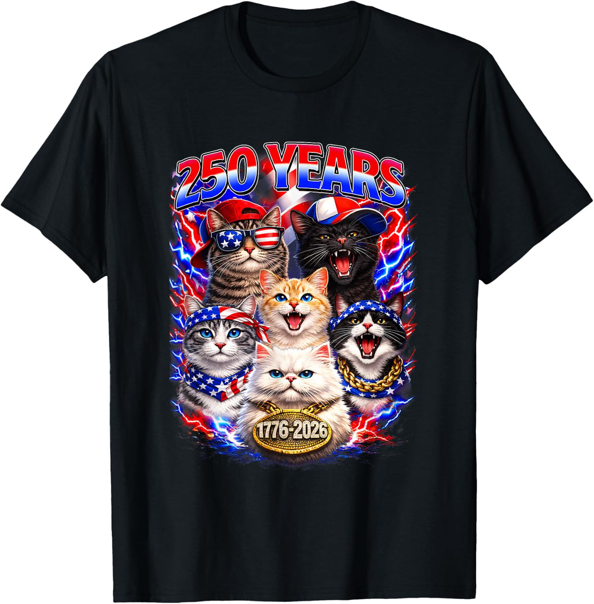 250 Years Cat American Flag 250th Anniversary 4th of July T-Shirt - Black