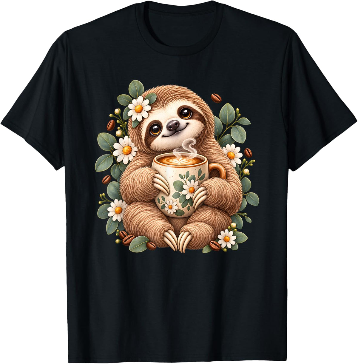 Sloth Coffee Lover Floral Wildflower Animal Art T-Shirt - Black