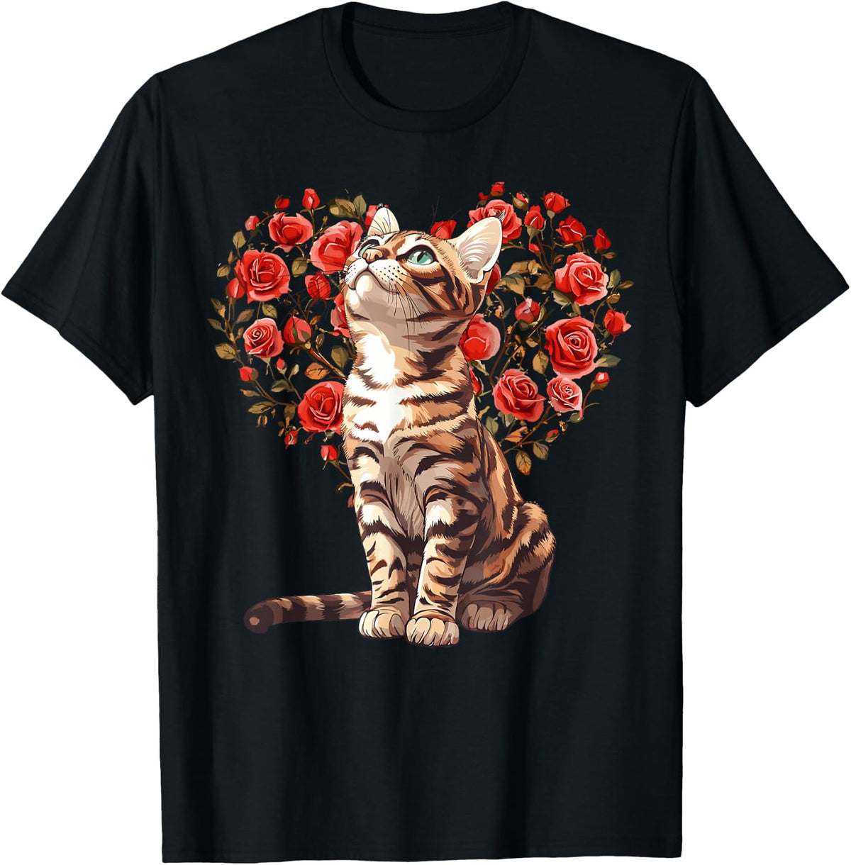Bengal Cat Valentines Day Floral Heart Design for Cat Lovers T-Shirt - Black