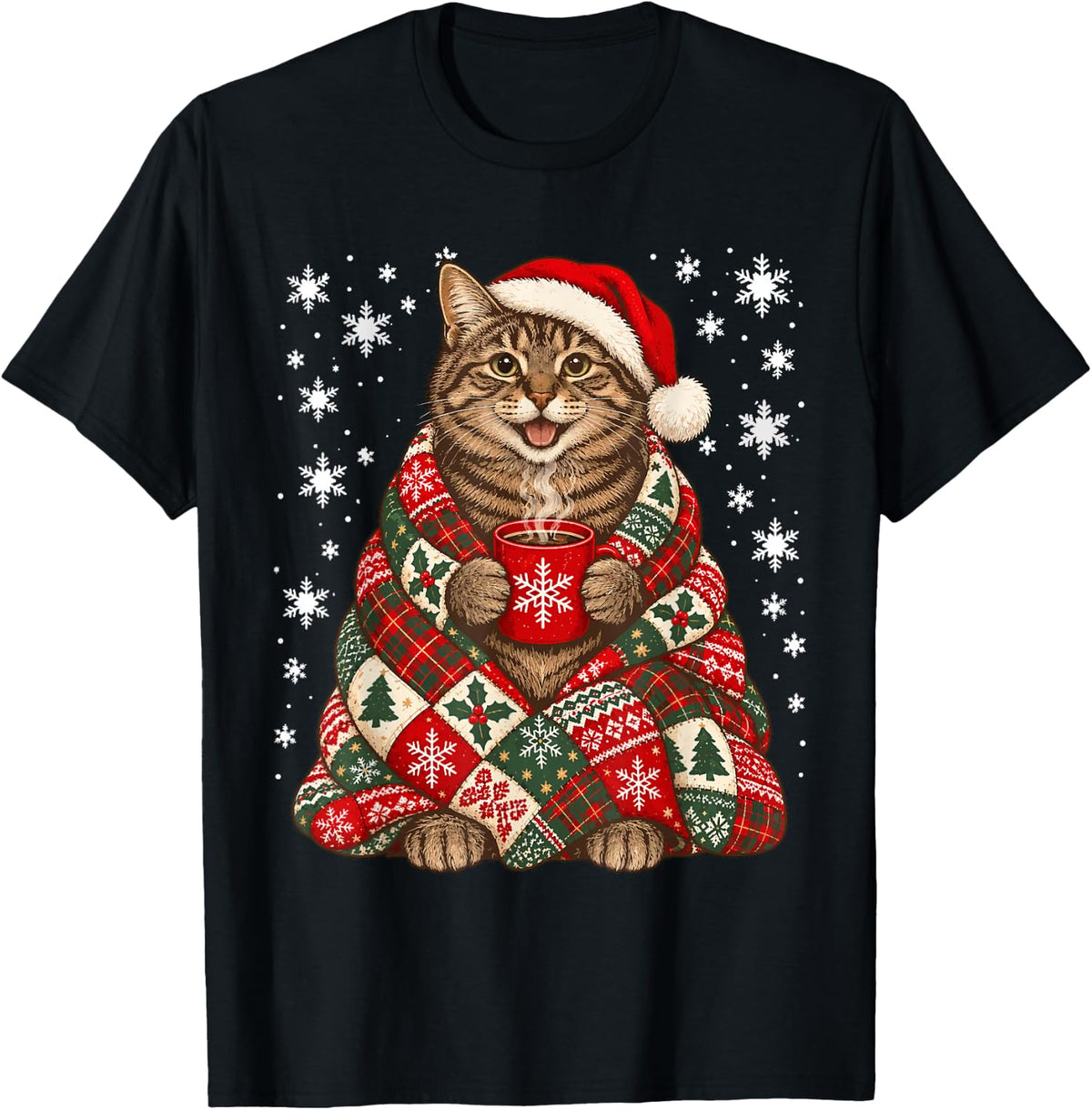 Cute Tabby Cat with Coffee Snowflakes Christmas Winter T-Shirt - Black