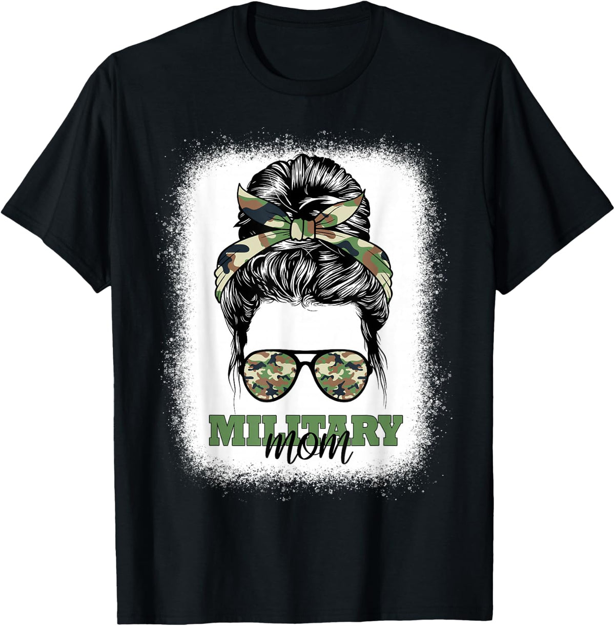 Military Mom Bleached Messy Bun Camo Patriotic Mother's Day T-Shirt - Black