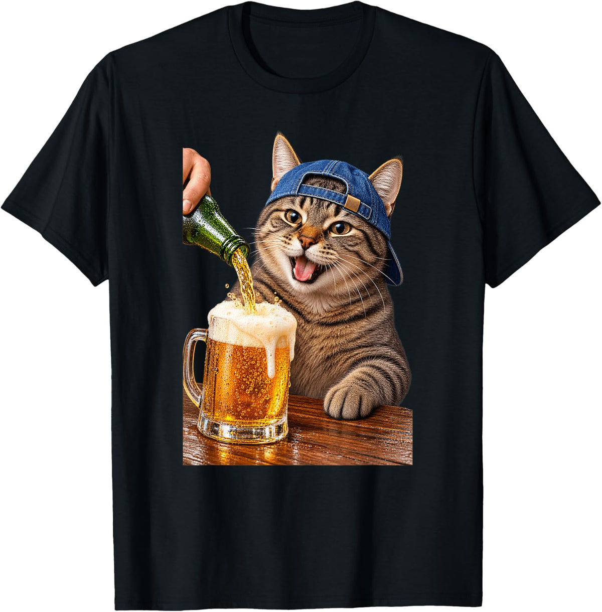 Funny Tabby Cat Pouring Beer in Baseball Cap T-Shirt - Black