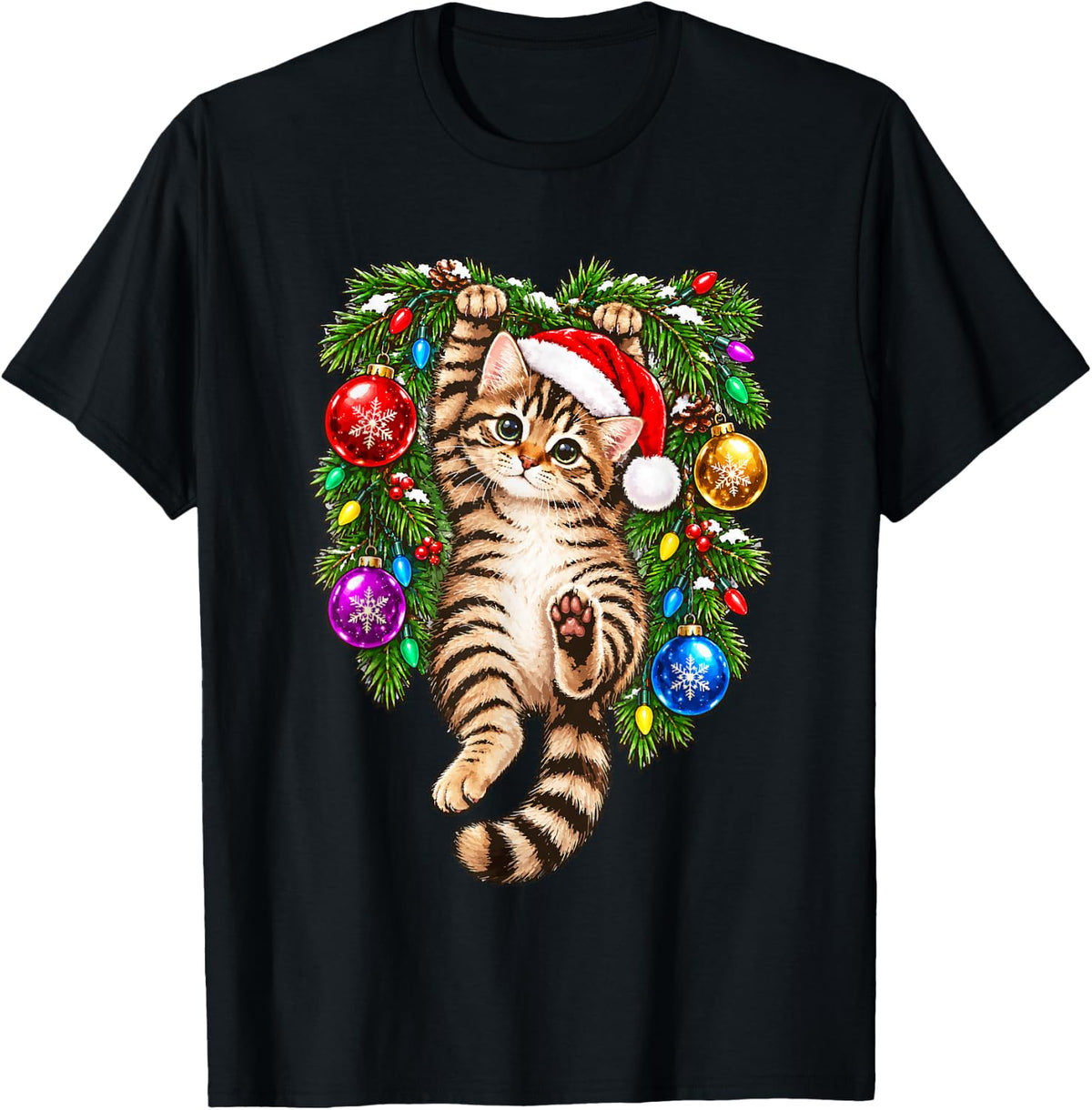 Tabby Cat Christmas Tree and Festive Lights Cute Kitten Xmas T-Shirt - Black
