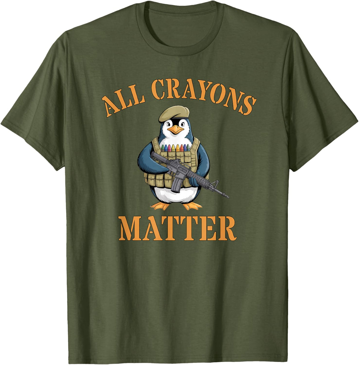 Funny All Crayons Matter Military Squad Penguin Soldier T-Shirt - Olive Green