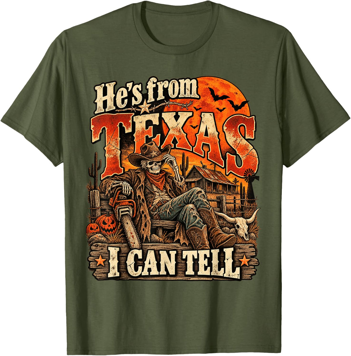 Hes from Texas I can Tell Vintage Texas Cowboy Halloween T-Shirt - Olive Green