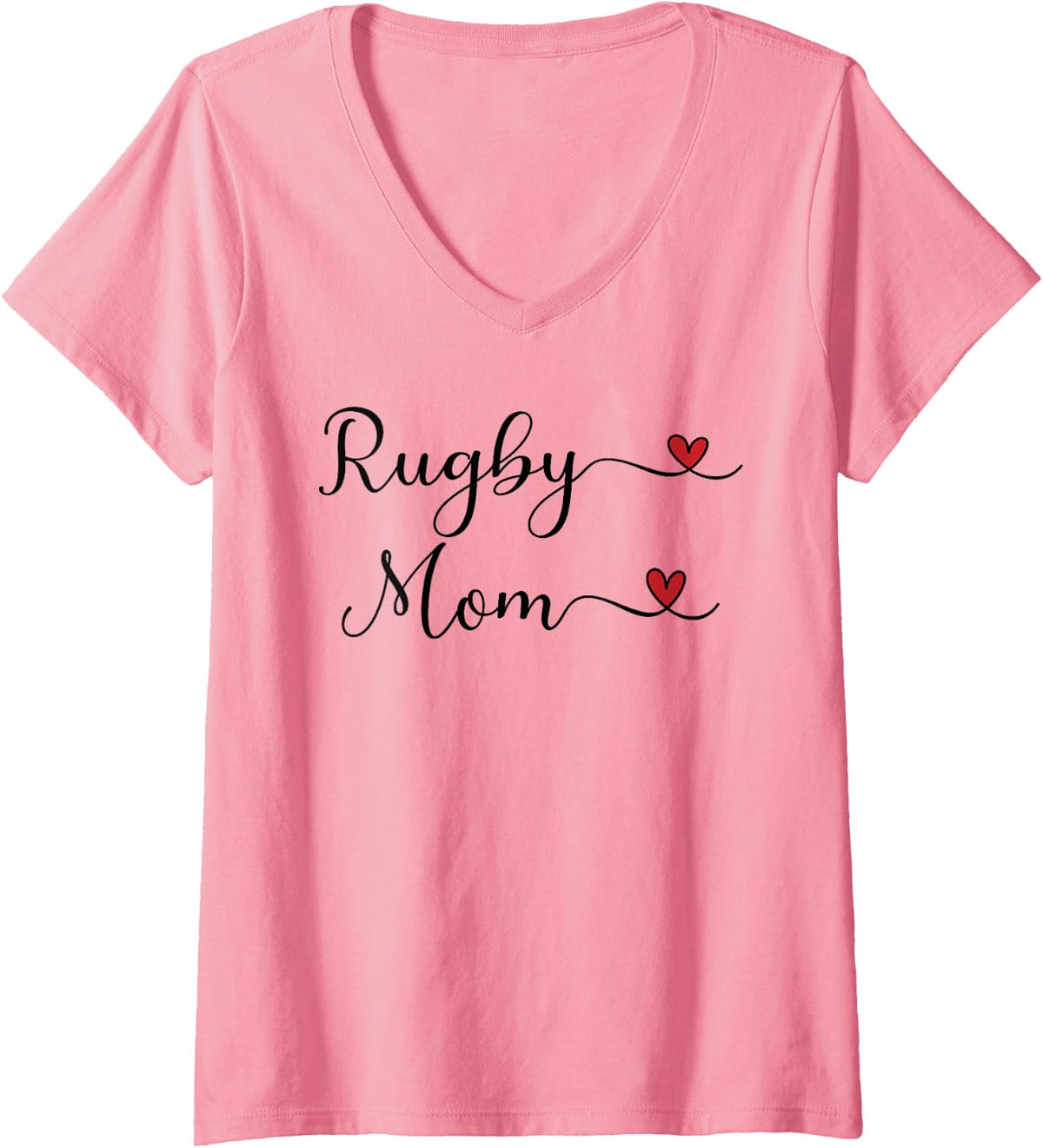 Women's Rugby Mom Heart Cute Handwritten Typography Gift V-Neck T-Shirt - Pink