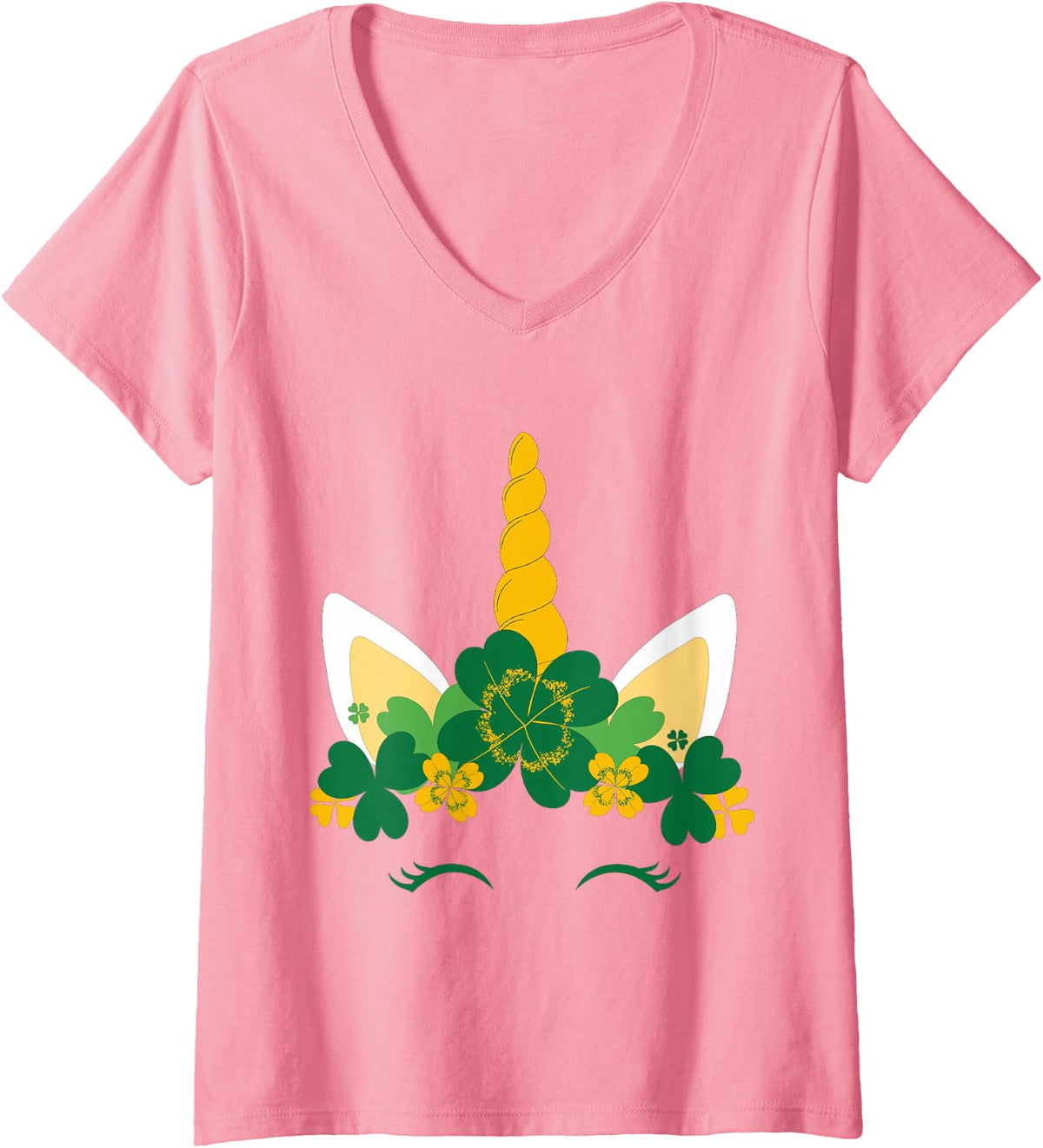 Women's Kids St Patricks Day Unicorn Face Shamrock Pattys Toddler V-Neck T-Shirt - Pink