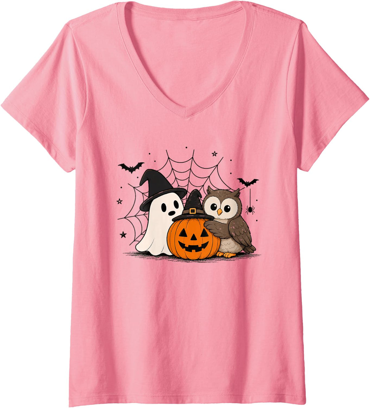 Women's Owl Halloween Ghost Pumpkin Cute Spooky Costume V-Neck T-Shirt - Pink