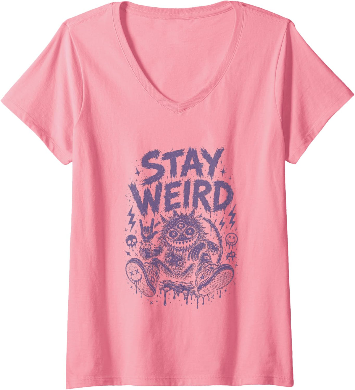 Women's Stay Weird Monster Halloween Goth Funny V-Neck T-Shirt - Pink