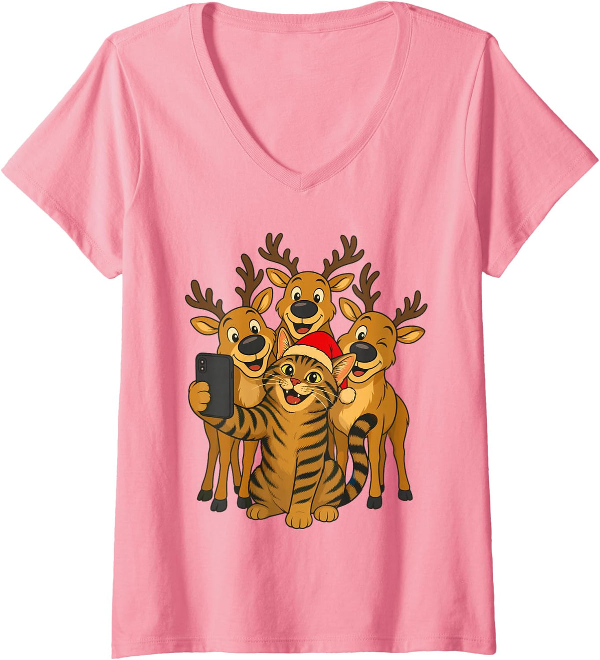 Women's Cat Christmas Selfie Reindeer Funny Tabby V-Neck T-Shirt - Pink