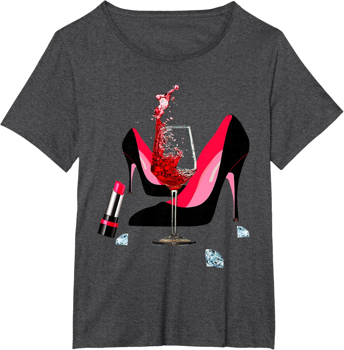 High Heel Shoes, red Lipstick, red Wine Glass and Diamonds T-Shirt - Dark Heather Grey