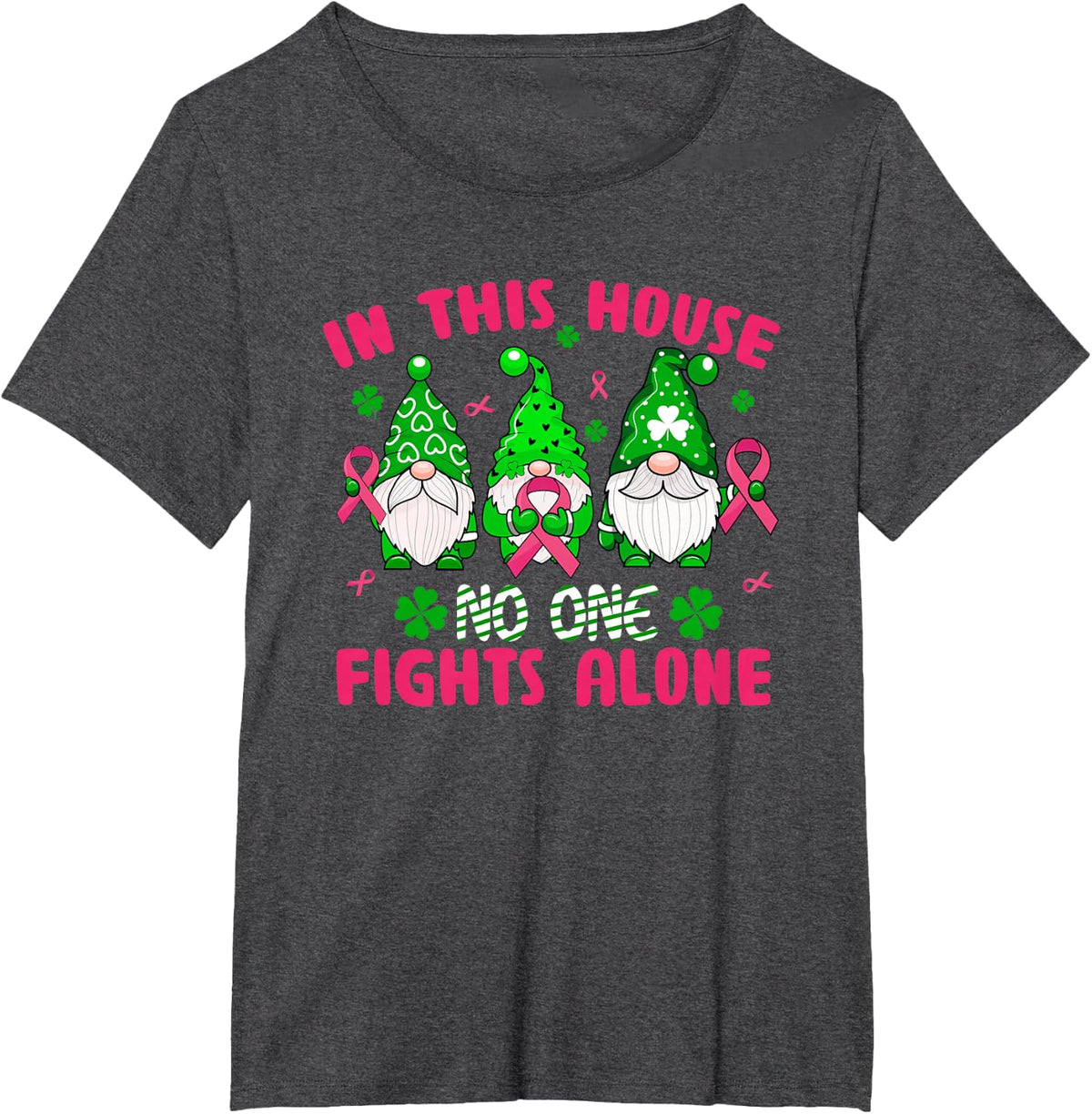 Gnome Lucky Clover Breast Cancer Awareness St Patrick's Day T-Shirt - Dark Heather Grey