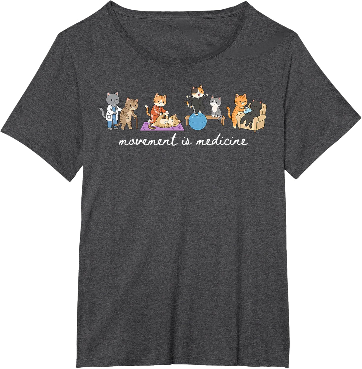 Movement is Medicine Cute Cat PT Physical Therapist Retro T-Shirt - Dark Heather Grey