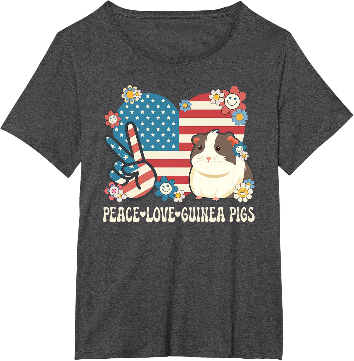 Peace Love Guinea Pigs American Flag Patriotic Guinea Pig T-Shirt - Dark Heather Grey