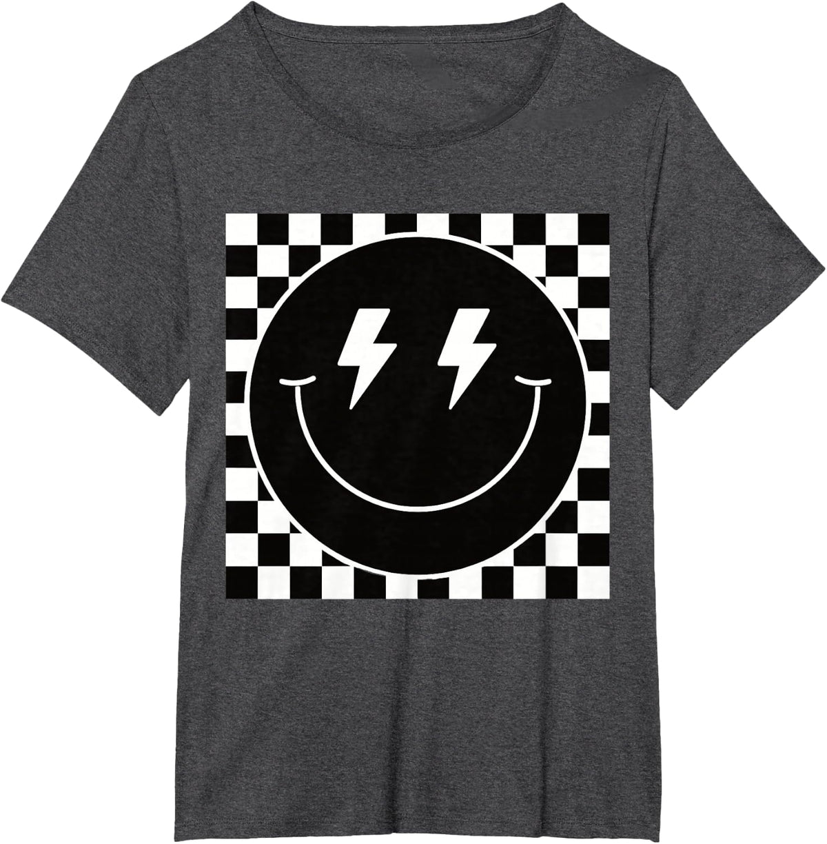 Retro Checkerboard Happy Face Lightning Bolt Eyes Graphic T-Shirt - Dark Heather Grey