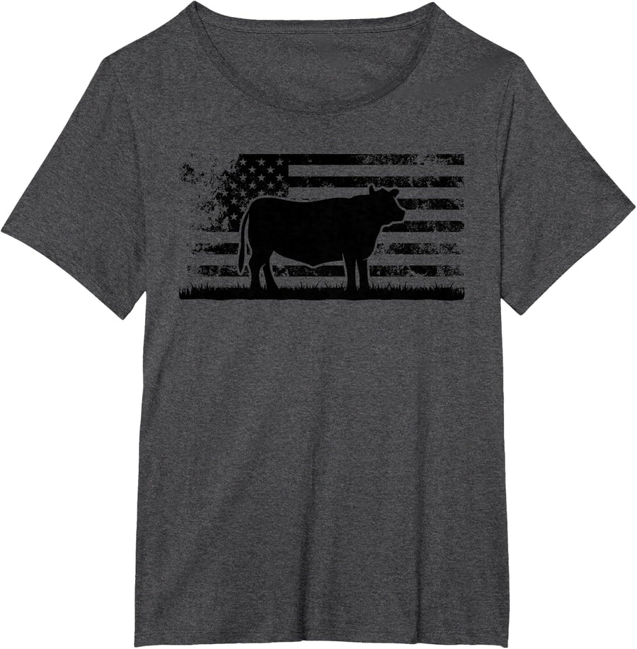 USA American Flag - America Cow Red Angus Rancher T-Shirt - Dark Heather Grey