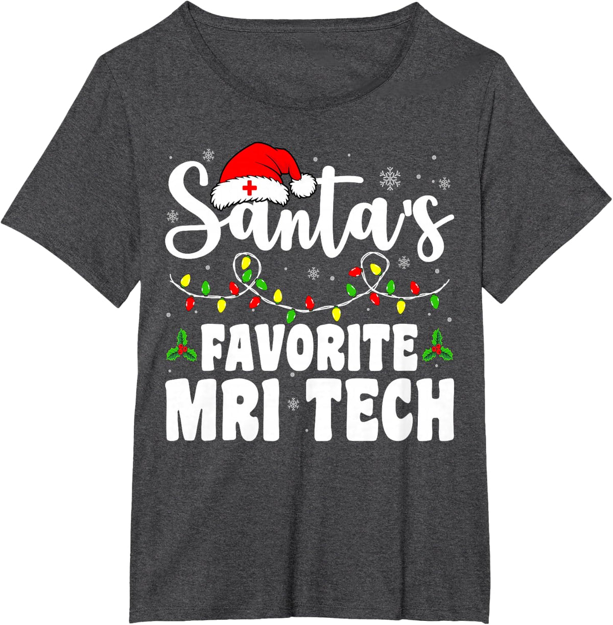 Santa's Favorite MRI Tech Christmas Santa Hat Lights T-Shirt - Dark Heather Grey
