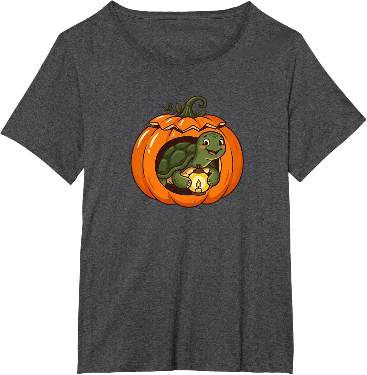 Cute Turtle in Pumpkin with Lantern Halloween Tortoise T-Shirt - Dark Heather Grey