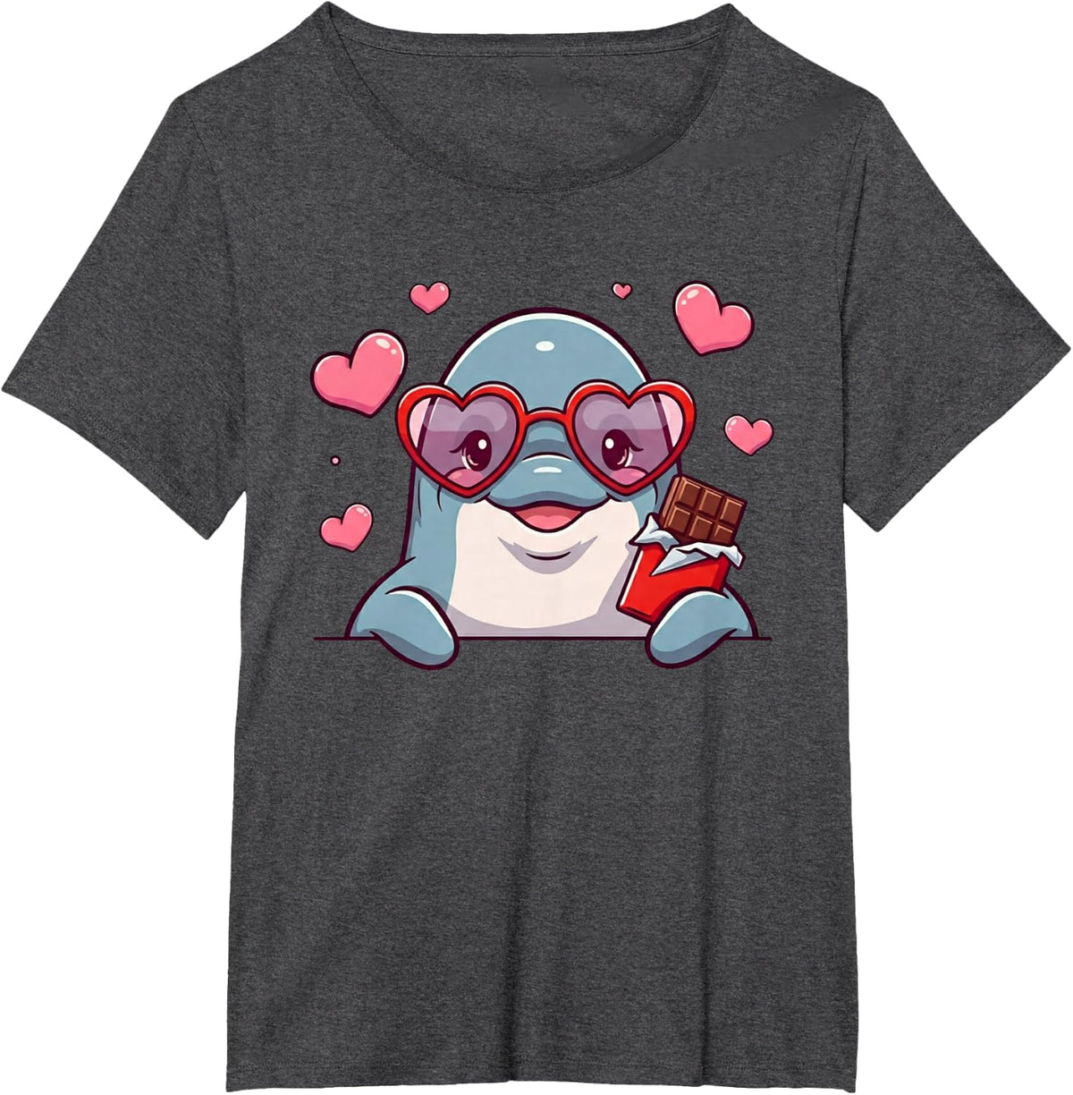 Funny Dolphin Heart Chocolate Valentine Womens Mens Kids T-Shirt - Dark Heather Grey
