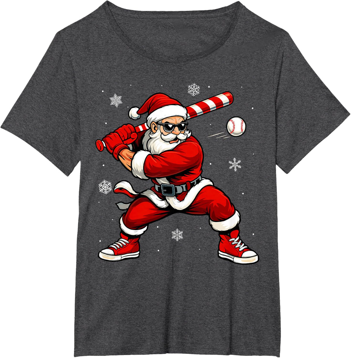 Santa Playing Baseball Xmas Funny Christmas Baseball Santa T-Shirt - Dark Heather Grey