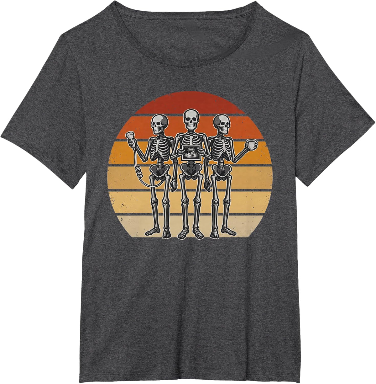 Skeleton Sonographer Ultrasound Tech Vintage Halloween Crew T-Shirt - Dark Heather Grey