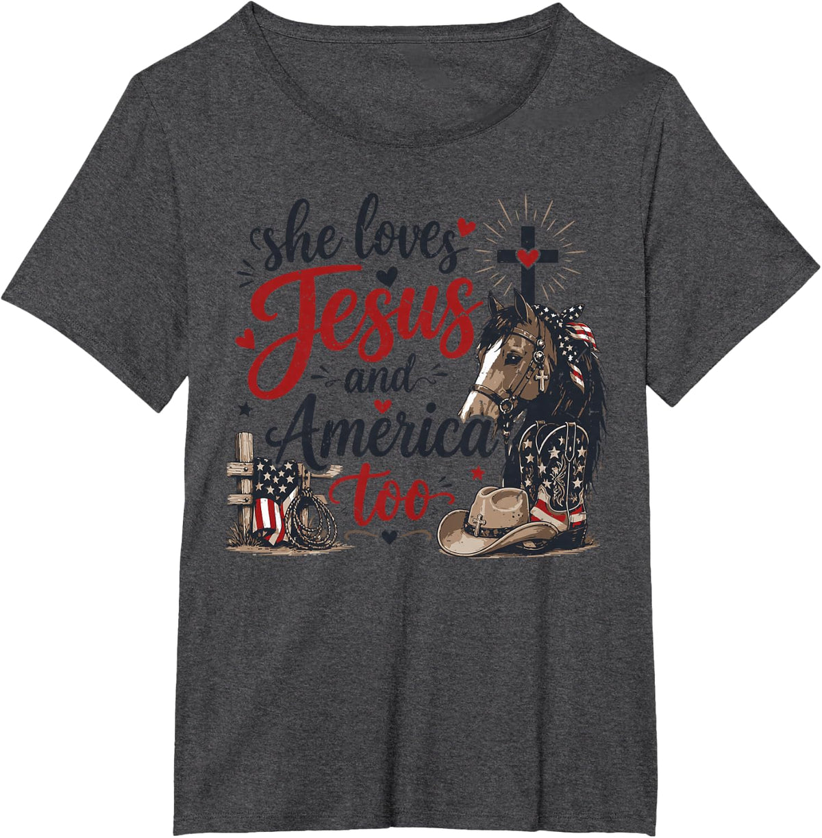 Loves Jesus America Too 4th July Horse Christian Patriotic T-Shirt - Dark Heather Grey