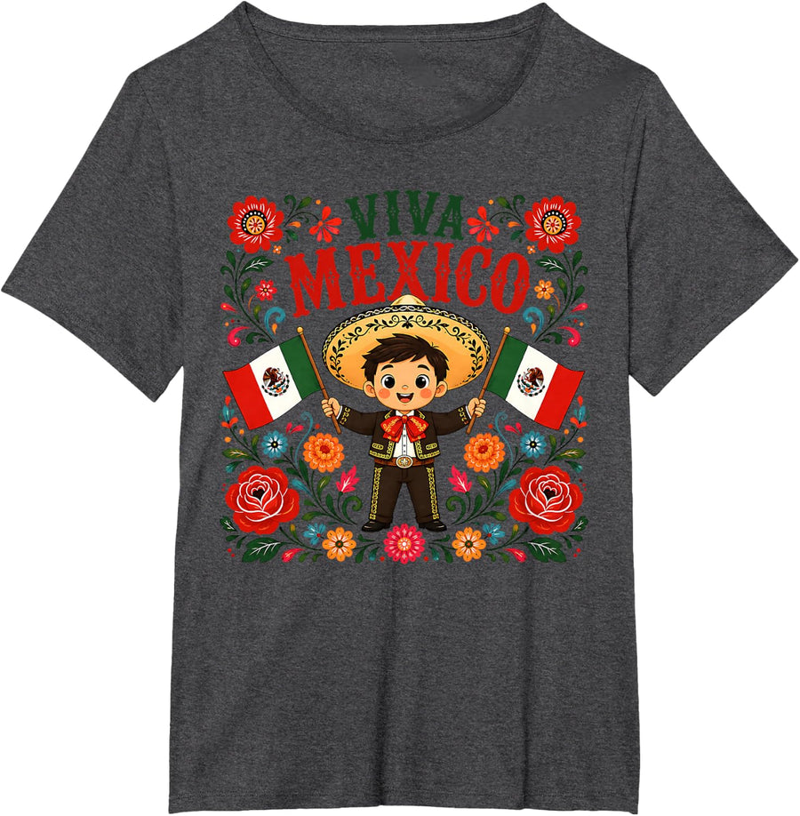 Viva Mexico Mexican Boy Pride Independence Day Fiesta Floral T-Shirt - Dark Heather Grey