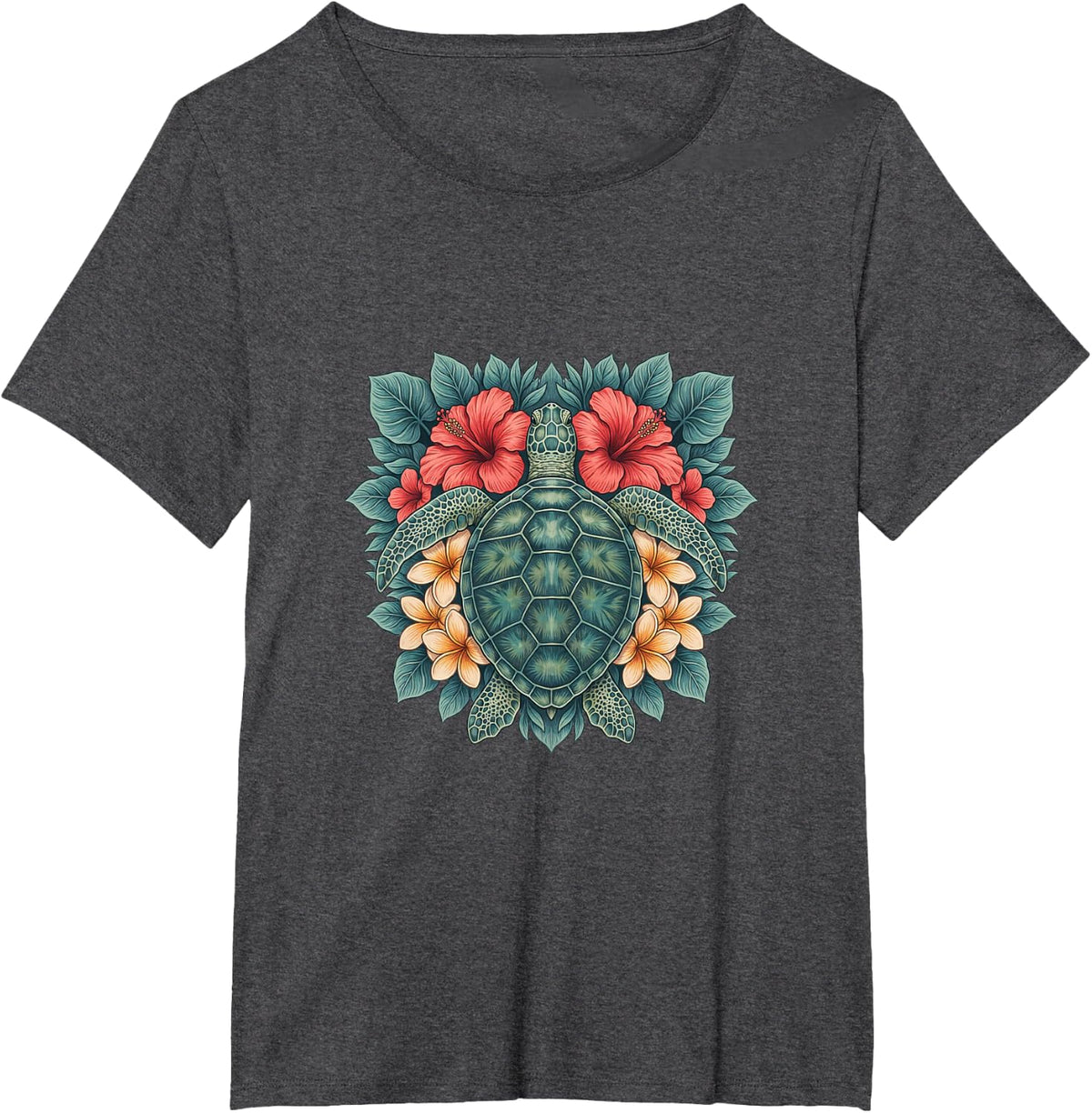 Sea Turtle with Coral Hibiscus and Cream Flowers T-Shirt - Dark Heather Grey
