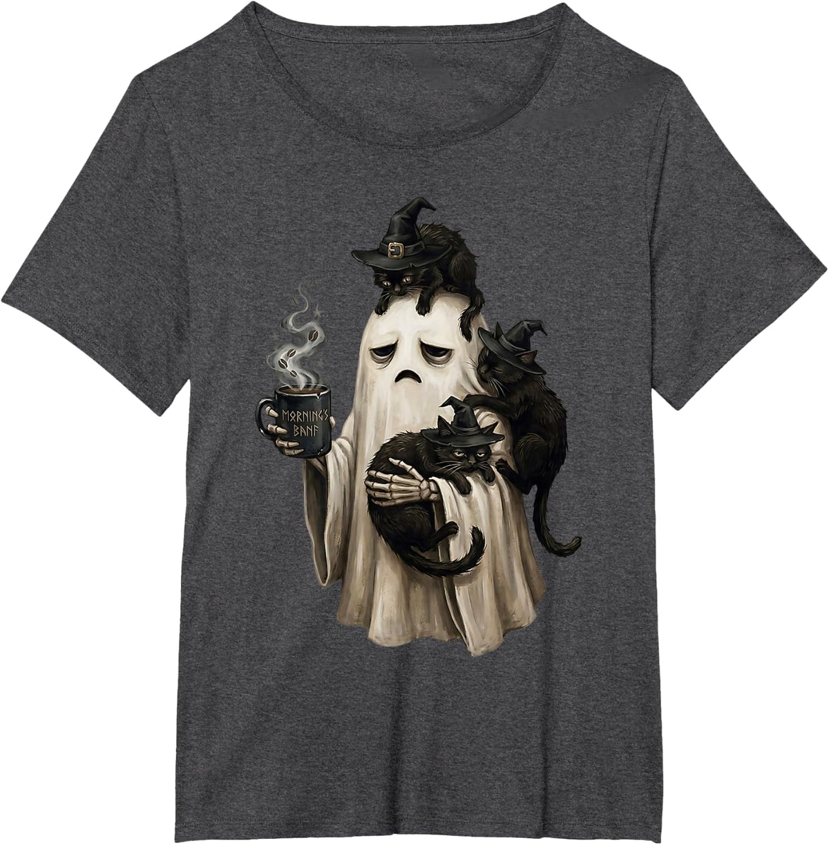 Vintage Ghost Holding Coffee & Witch Cats Spooky Season T-Shirt - Dark Heather Grey