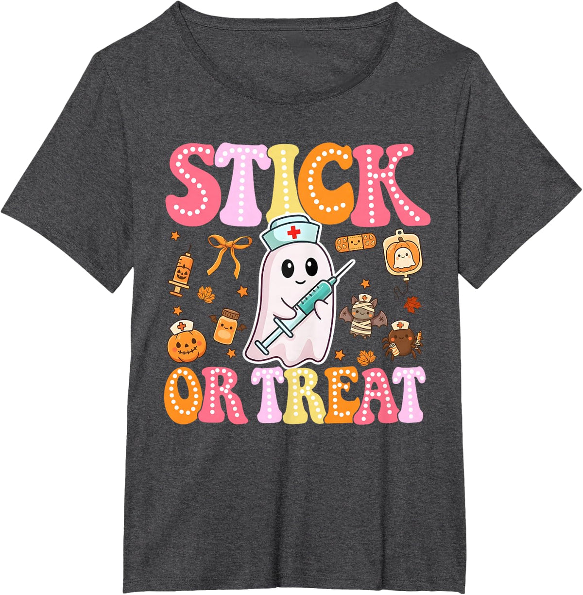 Funny Stick Or Treat Cute Nurse Ghost Halloween Crew Women T-Shirt - Dark Heather Grey