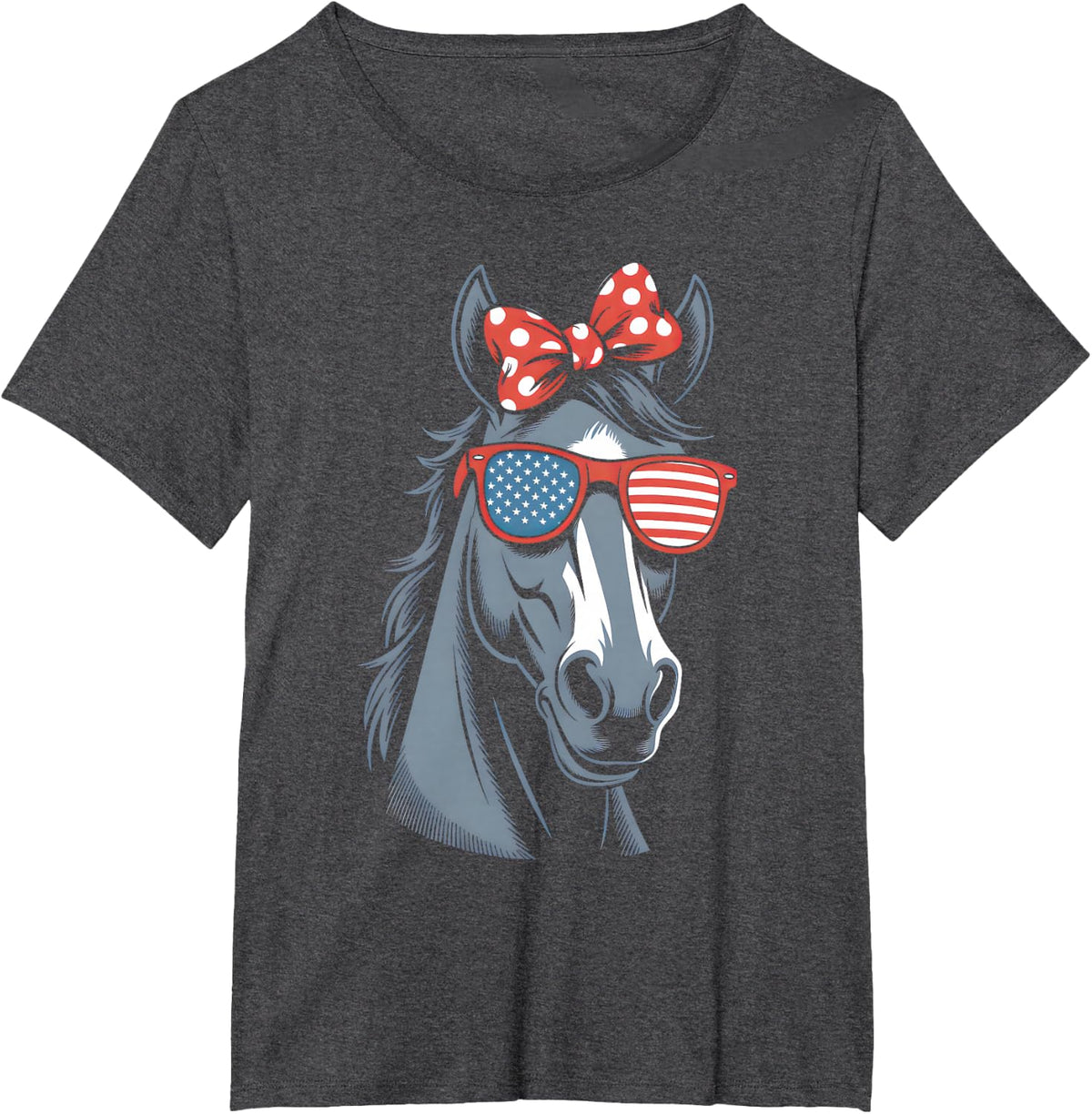 Horse 4th of July Girls Women Horse Graphic American Flag T-Shirt - Dark Heather Grey