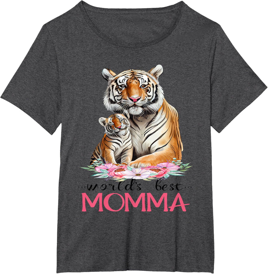 World's Best Momma Mom 2025 Pretty Floral Tiger & Cub T-Shirt - Dark Heather Grey