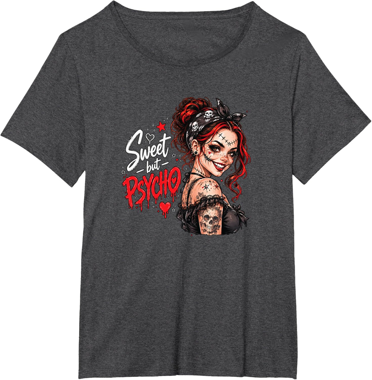 Sweet But Psycho Gothic Girl Red Black Skull Alternative Art T-Shirt - Dark Heather Grey