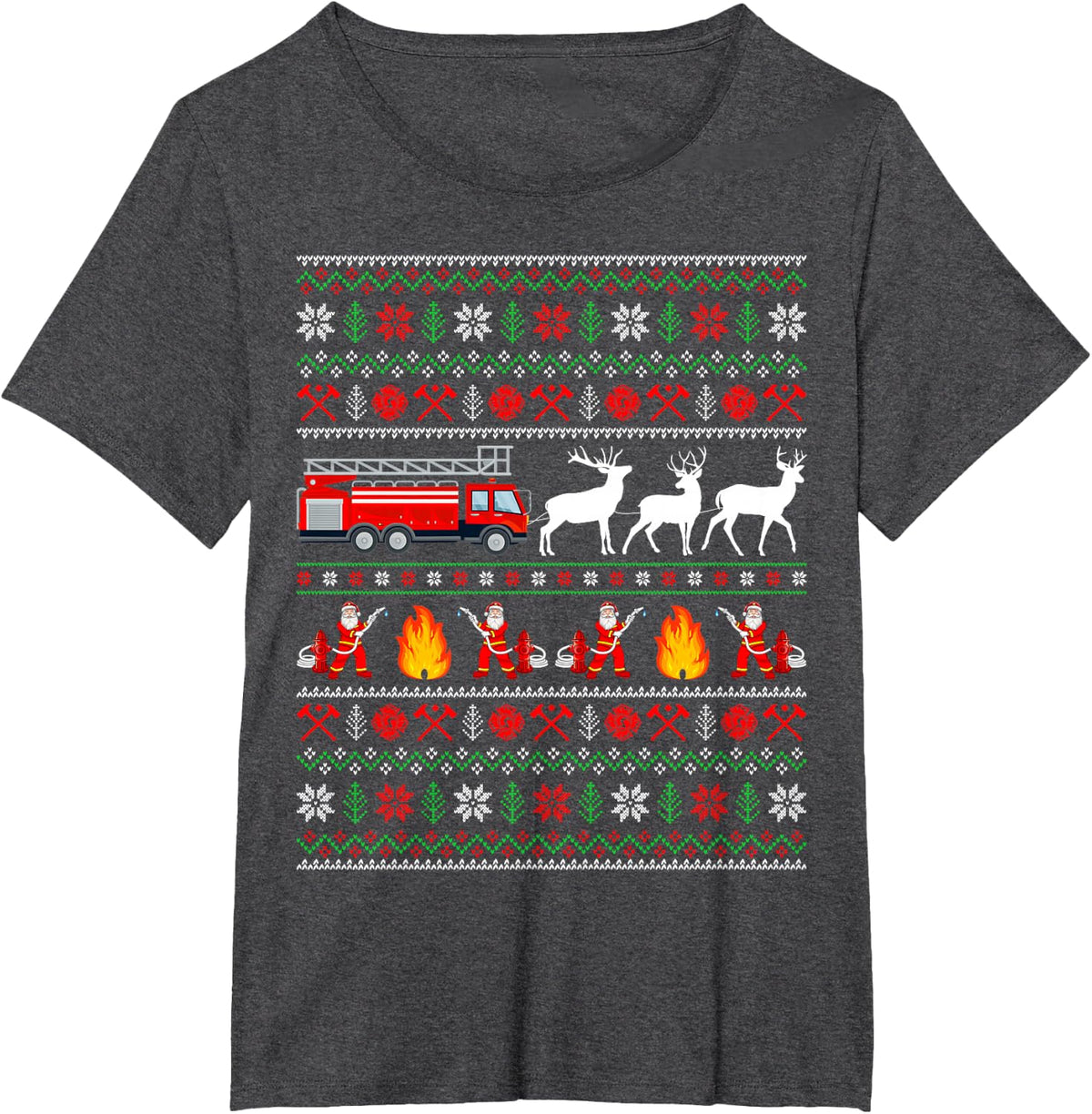 Fire Truck Reindeer Santa Ugly Sweater Firefighter Christmas T-Shirt - Dark Heather Grey
