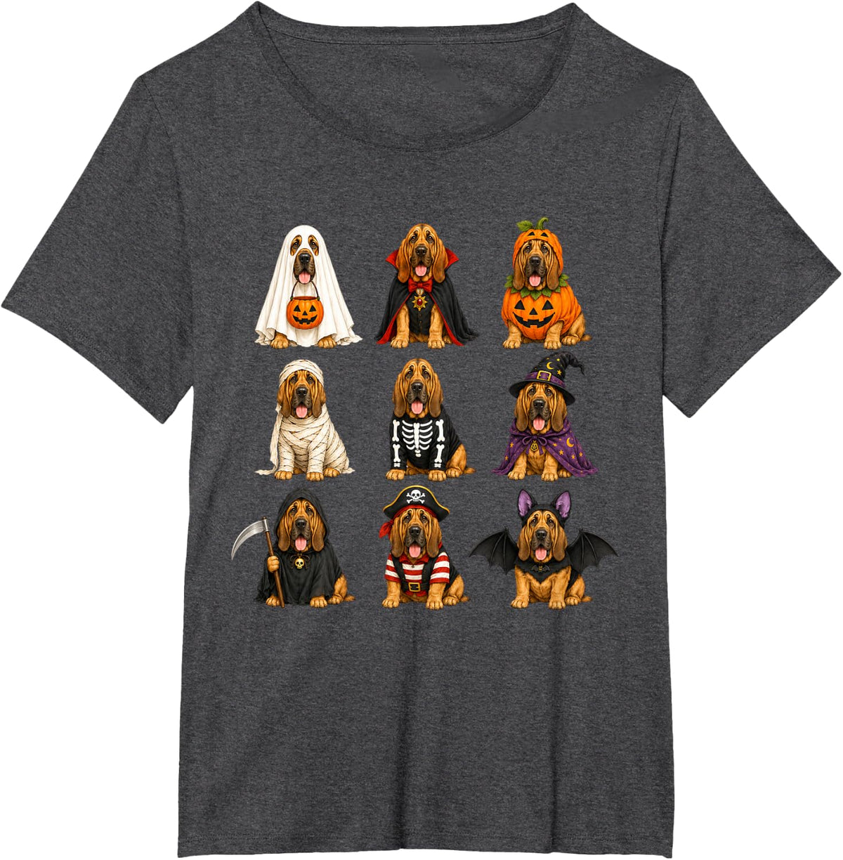 Halloween Bloodhound Squad Pumpkin Vampire Mummy Witch Dog T-Shirt - Dark Heather Grey