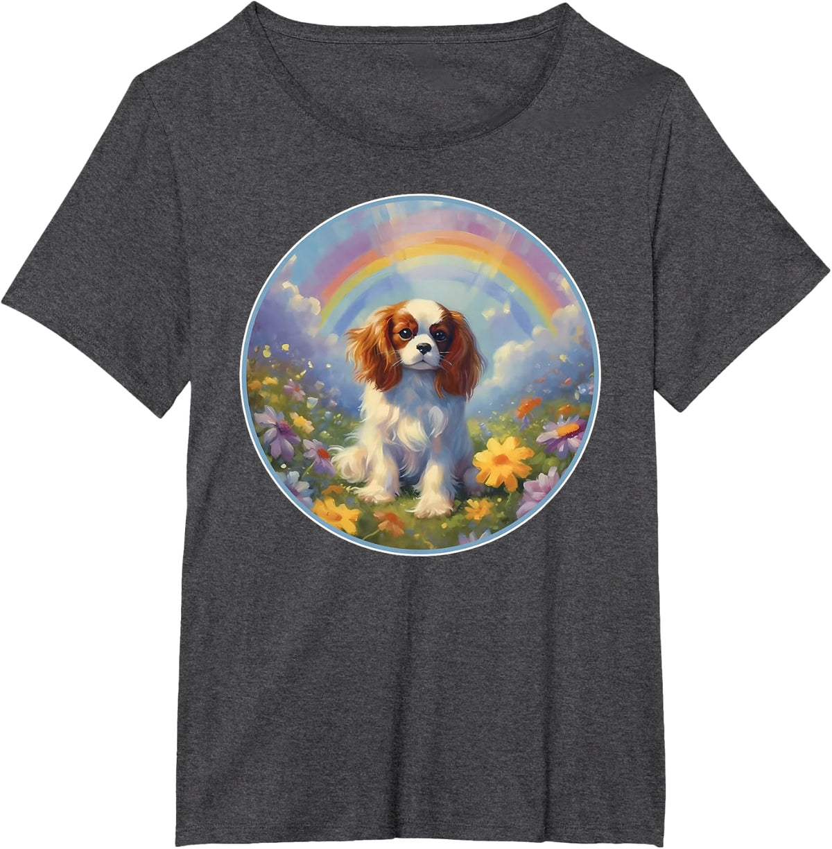 Cavalier King Charles Rainbow Bridge Colorful Memorial T-Shirt - Dark Heather Grey