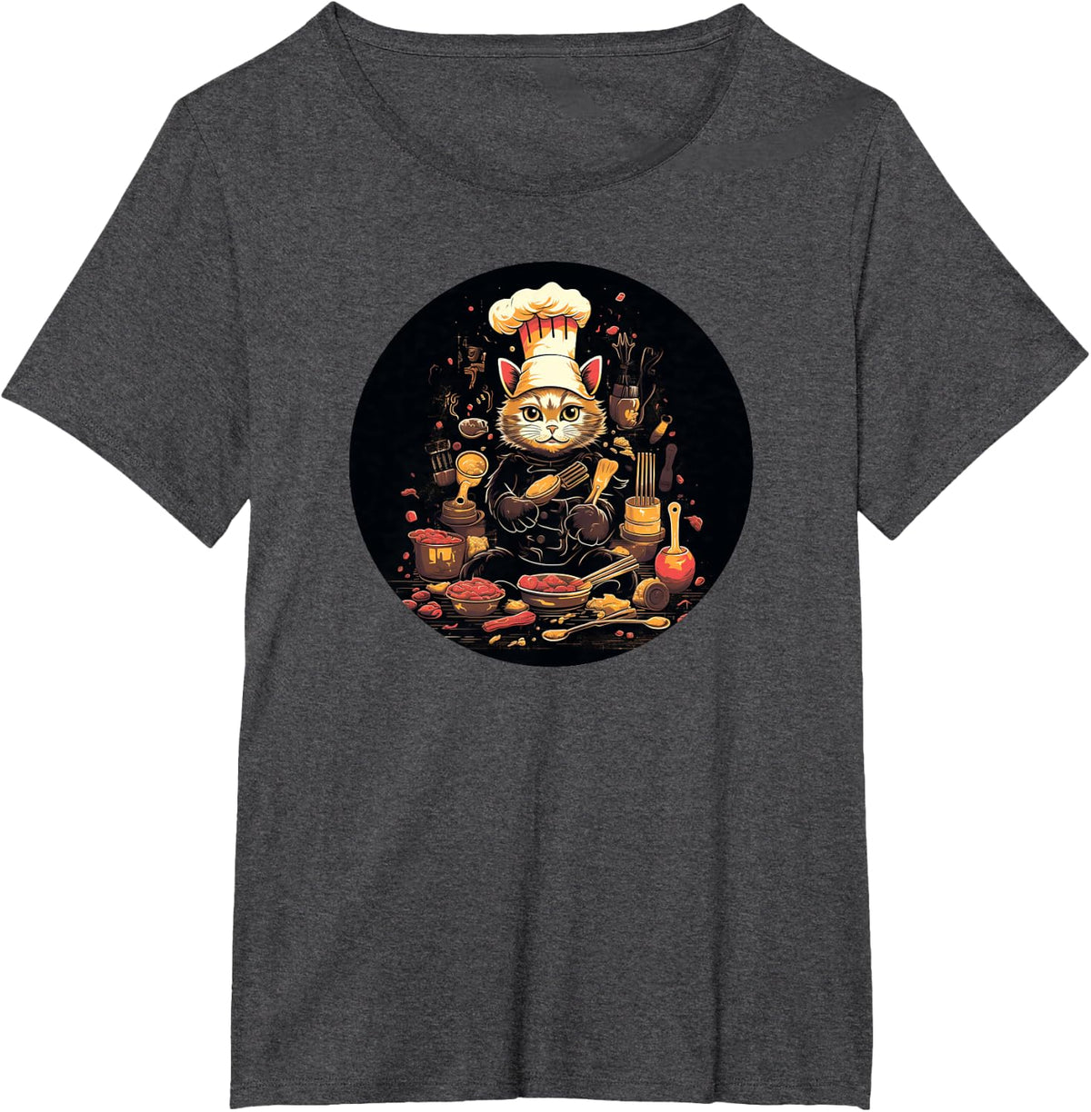 Cat Wearing A Chef's Hat And Apron Funny Cat T-Shirt - Dark Heather Grey