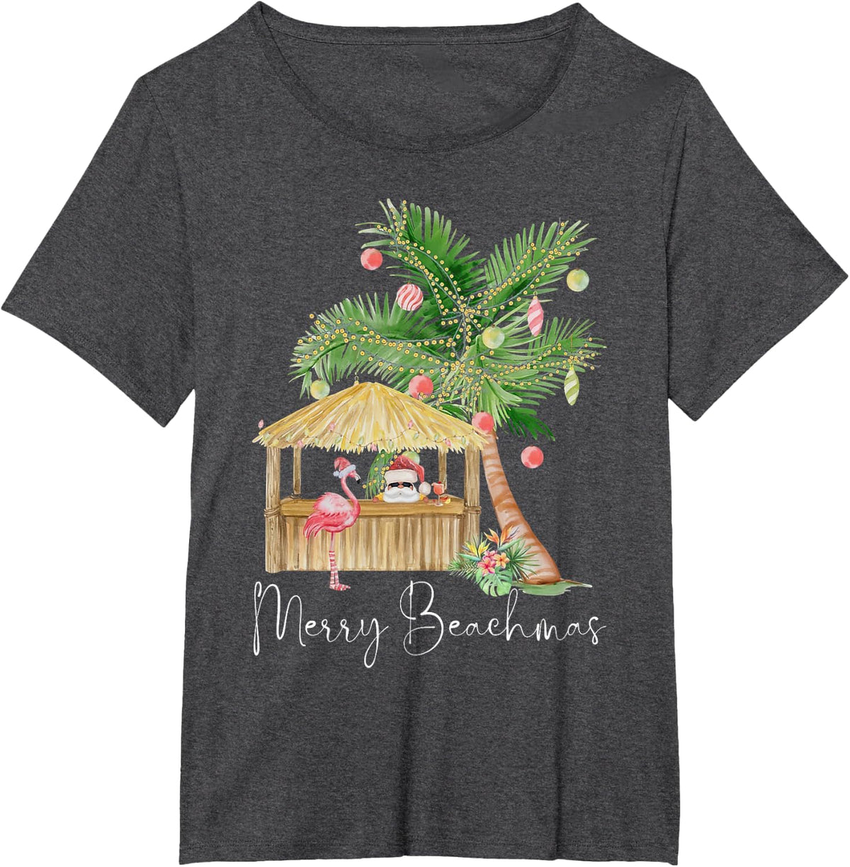 Merry Beachmas Hawaiian Pink Flamingo Palm Tree Christmas Men Women Kids T-Shirt - Dark Heather Grey