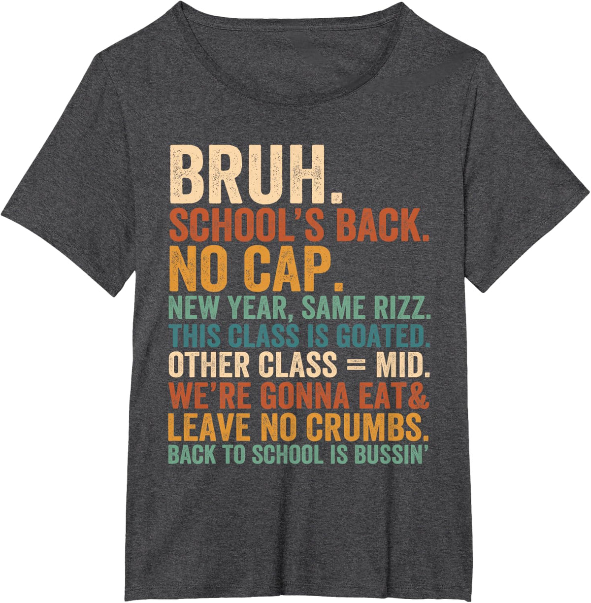 First Day of School Teacher Bruh No Cap New Year Rizz Goated T-Shirt - Dark Heather Grey
