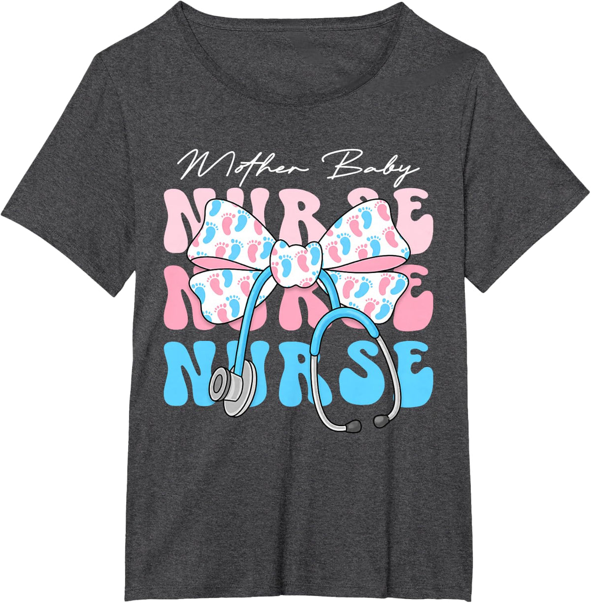 Mother Baby Nurse Team Coquette Blue Stethoscope Bow Doctor T-Shirt - Dark Heather Grey