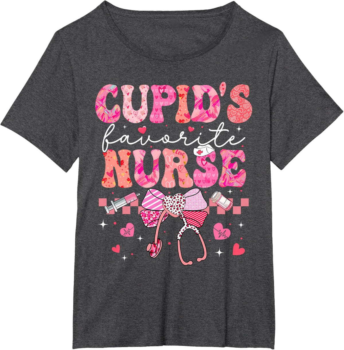 Valentines Day Cupid’s Favorite Nurse Heart Girl Women T-Shirt - Dark Heather Grey