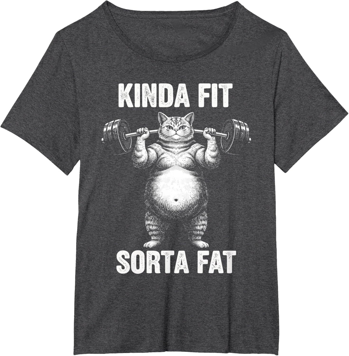 Kinda Fit Sorta Fat T-Shirt Funny Gym Cat Weightlifting Body T-Shirt - Dark Heather Grey