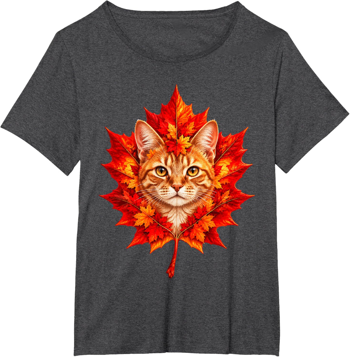 Maple Leaf with Orange Tabby Cat Cute Fall Kitten Art T-Shirt - Dark Heather Grey
