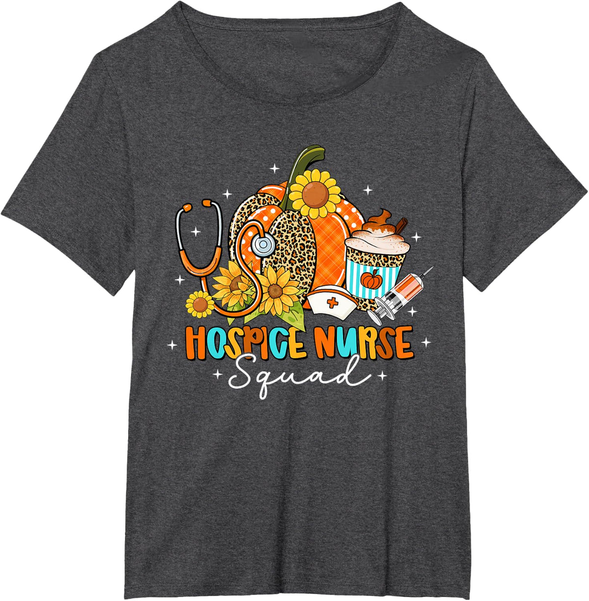 Hospice Nurse Squad Pumpkin Sunflowers Fall Thanksgiving T-Shirt - Dark Heather Grey