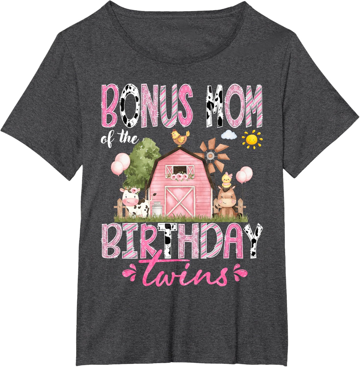 Bonus Mom of The Birthday Twins Pink Barnyard Farm Animals T-Shirt - Dark Heather Grey