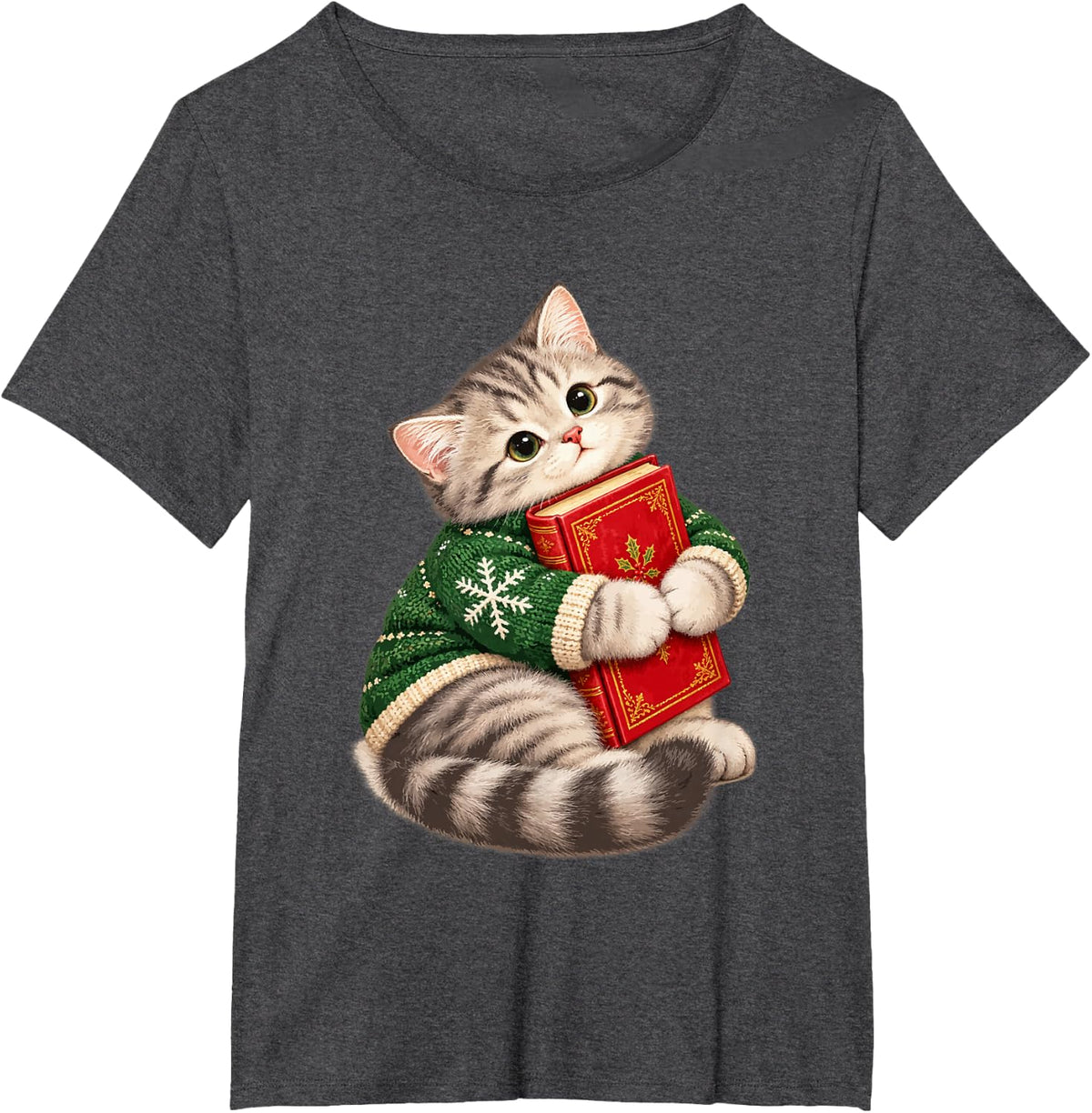 Cute Tabby Cat Hugging Christmas Book Bookworm Kitten Art T-Shirt - Dark Heather Grey